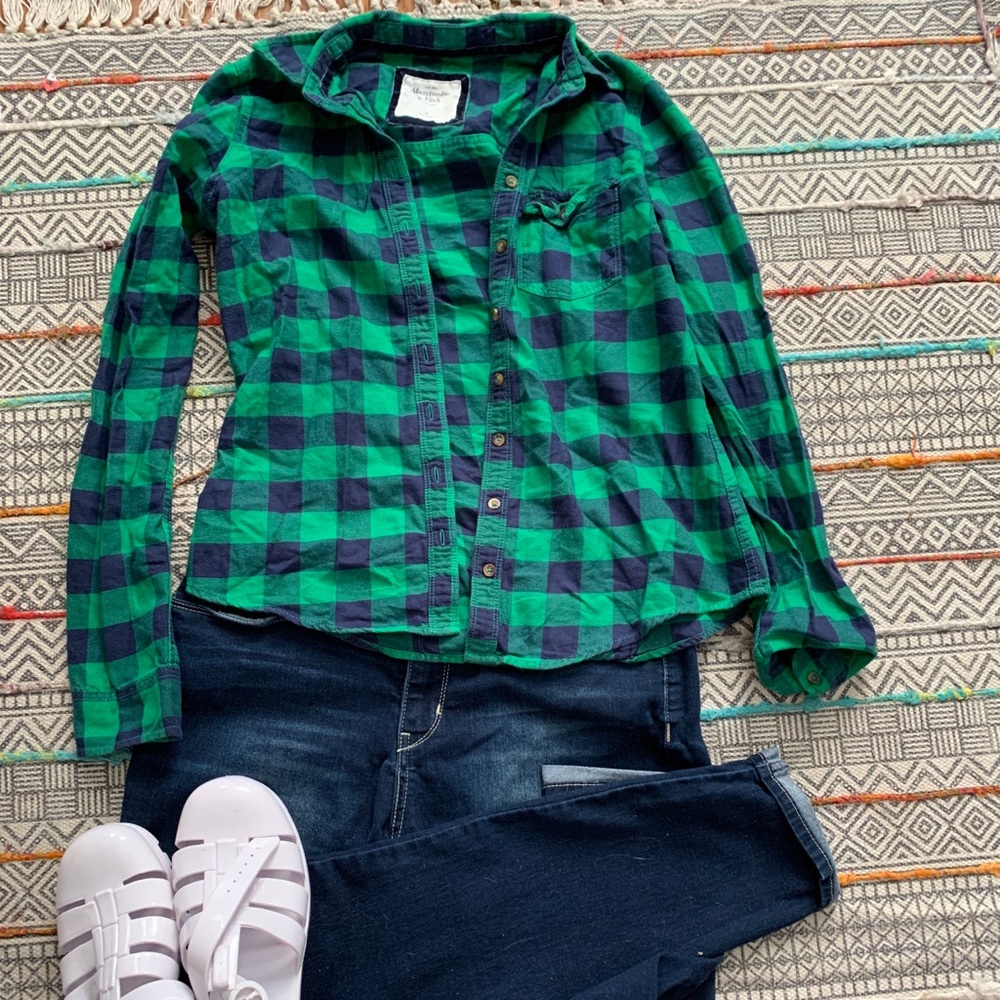 Plaid navy blue and green button down